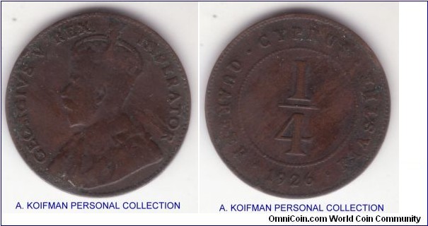 KM-16, 1926 Cyprus 1/4 piaster; bronze, plain edge; very good to fine