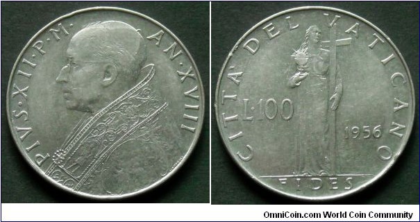 Vatican 100 lire.
1956, Pontif. Pius XII