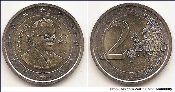 2 Euro
KM#328
8.5000 g., Bi-Metallic Nickel-Brass center in Copper-Nickel ring, 25.75 mm. Subject: 200th Birthday of Camillo Benso, conte di Cavour. Obv: The inner part of the coin shows a detail of the portrait of the Italian statesman in the centre, the inscriptions CAVOUR and RI on the left, and the mint mark, the dates 1810 and 2010 and the initials of the artist Claudia Momoni (C.M.) on the right. The twelve stars of the European Union surround the design on the outer ring of the coin. Rev: 2 on the left-hand side, six straight lines run vertically between the lower and upper right-hand side of the face, 12 stars are superimposed on these lines, one just before the two ends of each line, superimposed on the mid - and upper section of these lines; the European continent ( extended ) is represented on the right-hand side of the face; the right-hand part of the representation is superimposed on the mid-section of the lines; the word ‘EURO’ is superimposed horizontally across the middle of the right-hand side of the face. Under the ‘O’ of EURO, the initials ‘LL’ of the engraver appear near the right-hand edge of the coin. Edge: Reeded with combination of the number 2 and * repeated six times. Obv. designer: Claudia Momoni Rev. designer: Luc Luycx