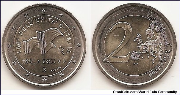 2 Euro
KM#338
8.5000 g., Bi-Metallic Nickel-Brass center in Copper-Nickel ring, 25.75 mm. Subject: 150th Anniversary of Italian unification. Obv: The inner part of the coin shows three Italian flags in the wind, representing the three anniversaries (1911, 1961 and 2011) and illustrating a link between generations; this is the logo of the 150th anniversary of Italian unification. There are a number of inscriptions: at the top, the inscription 150º DELL'UNITÀ D'ITALIA; at the right, the initials RI; at the bottom, the dates 1861 › 2011 › ›; under the dates, at the centre, the mint mark, and at the right, the initials of the artist Ettore Lorenzo Frapiccini and his profession (incisore), ELF INC. The twelve stars of the European Union surround the design on the outer ring of the coin. Rev: 2 on the left-hand side, six straight lines run vertically between the lower and upper right-hand side of the face, 12 stars are superimposed on these lines, one just before the two ends of each line, superimposed on the mid - and upper section of these lines; the European continent ( extended ) is represented on the right-hand side of the face; the right-hand part of the representation is superimposed on the mid-section of the lines; the word ‘EURO’ is superimposed horizontally across the middle of the right-hand side of the face. Under the ‘O’ of EURO, the initials ‘LL’ of the engraver appear near the right-hand edge of the coin. Edge: Reeded with combination of the number 2 and * repeated six times. Obv. designer: Ettore Lorenzo Frapiccini Rev. designer: Luc Luycx