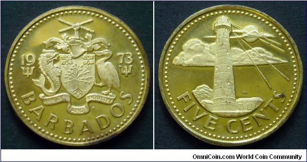 Barbados 5 cents.
1973, Proof from Franklin Mint.
Mintage: 97.454 pieces.