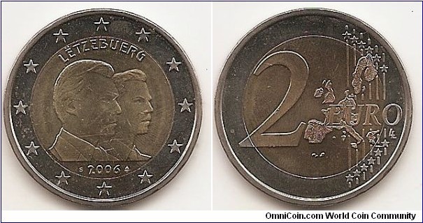 2 Euro
KM#88
8.5000 g., Bi-Metallic Nickel-Brass center in Copper-Nickel ring, 25.75 mm. Subject: 25th Birthday of Hereditary Grand Duke Guillaume. Obv: The coin depicts the effigy of Grand Duke Henri on the right side of the inner part, superimposed on the effigy of Hereditary Grand Duke Guillaume on the left side; both are looking to the right. The year mark appears below the effigies, flanked by the letter S and the mint mark. The inscription LËTZEBUERG appears above the effigies along the upper edge of the inner part of the coin. The twelve stars of the European Union surround the design on the outer ring of the coin. Rev: 2 on the left-hand side, six straight lines run vertically between the lower and upper right-hand side of the face, 12 stars are superimposed on these lines, one just before the two ends of each line, superimposed on the mid - and upper section of these lines; the countries of Eurozone is represented on the right-hand side of the face; the right-hand part of the representation is superimposed on the mid-section of the lines; the word ‘EURO’ is superimposed horizontally across the middle of the right-hand side of the face. Under the ‘O’ of EURO, the initials ‘LL’ of the engraver appear near the right-hand edge of the coin. Edge: Reeded with combination of the number 2 and ** repeated six times. Obv. designer: Patrice Bernabei Rev. designer: Luc Luycx