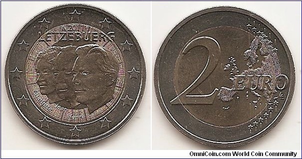 2 Euro
KM#116
8.5000 g., Bi-Metallic Nickel-Brass center in Copper-Nickel ring, 25.75 mm. Subject: 50th Anniversary of the Appointment of Jean, Grand Duke of Luxembourg by his mother Charlotte, Grand Duchess of Luxembourg as lieutenant-représentant. Obv: The inner part of the coin depicts Henri, Grand Duke of Luxembourg on the right-hand side looking to the left, and superimposed on the effigies of Jean, Grand Duke of Luxembourg and Charlotte, Grand Duchess of Luxembourg. The text LËTZEBUERG is written above the three effigies. The year mark 2011, surrounded by the mint mark and the mintmaster mark, appears at the top. The name of the person depicted is written below the respective effigy. The twelve stars of the European Union surround the design on the outer ring of the coin. Rev: 2 on the left-hand side, six straight lines run vertically between the lower and upper right-hand side of the face, 12 stars are superimposed on these lines, one just before the two ends of each line, superimposed on the mid - and upper section of these lines; the European continent ( extended ) is represented on the right-hand side of the face; the right-hand part of the representation is superimposed on the mid-section of the lines; the word ‘EURO’ is superimposed horizontally across the middle of the right-hand side of the face. Under the ‘O’ of EURO, the initials ‘LL’ of the engraver appear near the right-hand edge of the coin. Edge: Reeded with combination of the number 2 and ** repeated six times. Obv. designer: Alain Hoffmann Rev. designer: Luc Luycx