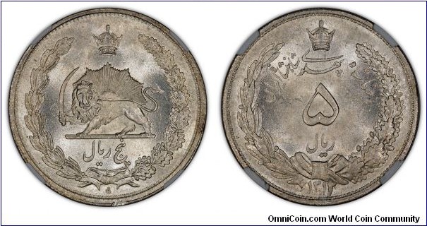 Iran 5 Real 1934 NGC MS64