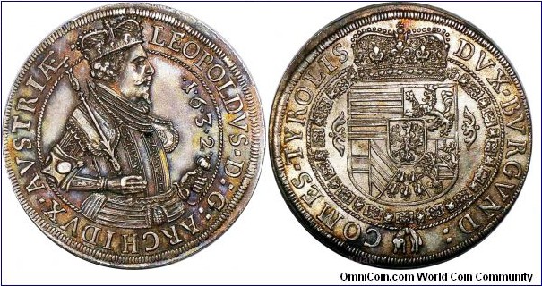 Austria, Leopoldo Archiduque, Taler, 1632. 28.66g, 42.29mm, 83.5% Silver. Hall Mint. Dav# 3338; KM# 629.4.