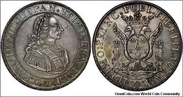 Spanish colonial, Peru, Charles III, 8 Reales-sized silver proclamation medal, 1760. Lima mint. 22.85 grams. Fonrobert# 8920; Medina# 79. Obverse with bust of king inside legend (with flower-like separators) CAROLUS III HISPAN ET IND REX LM 1760; reverse with crowned two-headed eagle between pillars-and-waves inside legend (same separators) OPTIMO PRINC PUBL FIDELIT JURAM. Extremely fine with beautiful rainbow toning and traces of luster. Pedigreed to Sedwick auction.