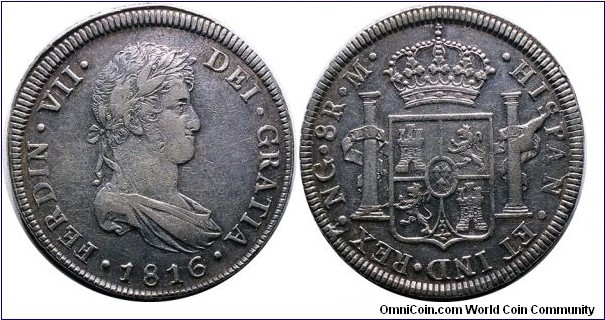 Spanish colonial, Guatemala, Ferdinand VII, 8 reales, 1816. Assayer M. KM# 69; CT# 464. 26.94 grams, Silver. The oversized flan extending past the rim design at top.