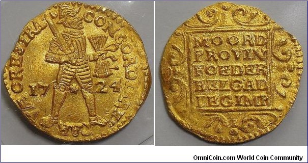 United Netherlands, Utrecht province, Gold Ducat, 1724. KM# 7.4. 3.51g. Mint State with muted luster, full detail on knight's head, from the Akerandam wreck (1725). 