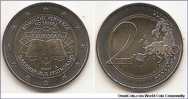 2 Euro
KM#259
8.5000 g., Bi-Metallic Nickel-Brass center in Copper-Nickel ring, 25.75 mm. Subject : 50th anniversary of the Treaty of Rome. Obv: The inner part of the coin shows the treaty signed by the original six member states of the European Coal and Steel Community, on a background symbolising Michelangelo's paving on the Piazza del Campidoglio in Romewhere the treaty was signed. The translation of EUROPE is inscribed above the book, but within the central design (EUROPA), whereas the translation of TREATY OF ROME 50 YEARS appears above the design (RÖMISCHE VERTRÄGE 50 JAHRE). The year mark and the name of the issuing country are inscribed below the design (BUNDESREPUBLIK DEUTSCHLAND). The mint marks 