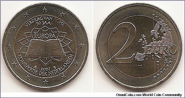 2 Euro
KM#273
8.5000 g., Bi-Metallic Nickel-Brass center in Copper-Nickel ring, 25.75 mm. Subject : 50th anniversary of the Treaty of Rome. Obv: The inner part of the coin shows the treaty signed by the original six member states of the European Coal and Steel Community, on a background symbolising Michelangelo's paving on the Piazza del Campidoglio in Romewhere the treaty was signed. The translation of EUROPE is inscribed above the book, but within the central design (EUROPA), whereas the translation of TREATY OF ROME 50 YEARS appears above the design (VERDRAG VAN ROME 50 JAAR). The year mark and the name of the issuing country are inscribed below the design (KONINKRIJK DER NEDERLANDEN). The mint marks appear to the left and right of the 2007 respectively. The twelve stars of the European Union surround the design on the outer ring of the coin. Rev: 2 on the left-hand side, six straight lines run vertically between the lower and upper right-hand side of the face, 12 stars are superimposed on these lines, one just before the two ends of each line, superimposed on the mid - and upper section of these lines; the European continent ( extended ) is represented on the right-hand side of the face; the right-hand part of the representation is superimposed on the mid-section of the lines; the word ‘EURO’ is superimposed horizontally across the middle of the right-hand side of the face. Under the ‘O’ of EURO, the initials ‘LL’ of the engraver appear near the right-hand edge of the coin. Edge: Reeded with GOD * ZIJ * MET * ONS *. Obv. designer: Münze Österreich, Real Casa de la Moneda, Istituto Poligrafico e Zecca dello Stato S.p.A Rev. designer: Luc Luycx
