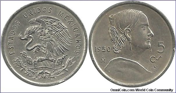Mexico 5 Centavos 1950 -white Josefa- most are melted. 
