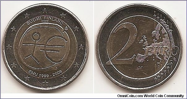 2 Euro
KM#144
8.5000 g., Bi-Metallic Nickel-Brass center in Copper-Nickel ring, 25.75 mm. Subject : Ten years of Economic and Monetary Union(EMU). Obv: The inner part of the coin shows a stylised human figure whose left arm is prolonged by the euro symbol. The initials ΓΣ of the sculptor appear below the euro symbol. The name of the issuing country in the national language appear at the top SUOMI FINLAND, while the acronym EMU translated into the national language appear at the bottom EMU 1999-2009. At the right of the inner ring, the mint mark are shown The twelve stars of the European Union surround the design on the outer ring of the coin. Rev: 2 on the left-hand side, six straight lines run vertically between the lower and upper right-hand side of the face, 12 stars are superimposed on these lines, one just before the two ends of each line, superimposed on the mid - and upper section of these lines; the European continent ( extended ) is represented on the right-hand side of the face; the right-hand part of the representation is superimposed on the mid-section of the lines; the word ‘EURO’ is superimposed horizontally across the middle of the right-hand side of the face. Under the ‘O’ of EURO, the initials ‘LL’ of the engraver appear near the right-hand edge of the coin. Edge: Reeded with TALOUS - JA RAHALIITTO EMU. Obv. designer: Georgios Stamatopoulos Rev. designer: Luc Luycx