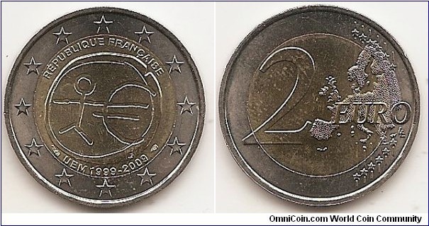 2 Euro
KM#1590
8.5000 g., Bi-Metallic Nickel-Brass center in Copper-Nickel ring, 25.75 mm. Subject : Ten years of Economic and Monetary Union(EMU). Obv: The inner part of the coin shows a stylised human figure whose left arm is prolonged by the euro symbol. The initials ΓΣ of the sculptor appear below the euro symbol. The name of the issuing country in the national language appear at the top RÉPUBLIQUE FRANÇAISE, while the acronym EMU translated into the national language appear at the bottom UEM 1999-2009, flanked on the left and right respectively by the mark of the mint master and the mark of the mint. The twelve stars of the European Union surround the design on the outer ring of the coin. Rev: 2 on the left-hand side, six straight lines run vertically between the lower and upper right-hand side of the face, 12 stars are superimposed on these lines, one just before the two ends of each line, superimposed on the mid - and upper section of these lines; the European continent ( extended ) is represented on the right-hand side of the face; the right-hand part of the representation is superimposed on the mid-section of the lines; the word ‘EURO’ is superimposed horizontally across the middle of the right-hand side of the face. Under the ‘O’ of EURO, the initials ‘LL’ of the engraver appear near the right-hand edge of the coin. Edge: Reeded with 2 * *, repeated six times, alternately upright and inverted. Obv. designer: Georgios Stamatopoulos Rev. designer: Luc Luycx