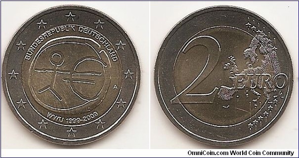 2 Euro
KM#277
8.5000 g., Bi-Metallic Nickel-Brass center in Copper-Nickel ring, 25.75 mm. Subject : Ten years of Economic and Monetary Union(EMU). Obv: The inner part of the coin shows a stylised human figure whose left arm is prolonged by the euro symbol. The initials ΓΣ of the sculptor appear below the euro symbol. The name of the issuing country in the national language appear at the top BUNDESREPUBLIK DEUTSCHLAND, while the acronym EMU translated into the national language appear at the bottom WWU 1999-2009. At the right of the inner ring, the mint mark are shown. The twelve stars of the European Union surround the design on the outer ring of the coin. Rev: 2 on the left-hand side, six straight lines run vertically between the lower and upper right-hand side of the face, 12 stars are superimposed on these lines, one just before the two ends of each line, superimposed on the mid - and upper section of these lines; the European continent ( extended ) is represented on the right-hand side of the face; the right-hand part of the representation is superimposed on the mid-section of the lines; the word ‘EURO’ is superimposed horizontally across the middle of the right-hand side of the face. Under the ‘O’ of EURO, the initials ‘LL’ of the engraver appear near the right-hand edge of the coin. Edge: Reeded with EINIGKEIT UND RECHT UND FREIHEIT. Obv. designer: Georgios Stamatopoulos Rev. designer: Luc Luycx