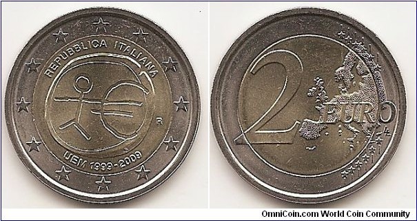 2 Euro
KM#312
8.5000 g., Bi-Metallic Nickel-Brass center in Copper-Nickel ring, 25.75 mm. Subject : Ten years of Economic and Monetary Union(EMU). Obv: The inner part of the coin shows a stylised human figure whose left arm is prolonged by the euro symbol. The initials ΓΣ of the sculptor appear below the euro symbol. The name of the issuing country in the national language appear at the top REPUBBLICA ITALIANA, while the acronym EMU translated into the national language appear at the bottom UEM 1999-2009. At the right of the inner ring, the mint mark are shown. The twelve stars of the European Union surround the design on the outer ring of the coin. Rev: 2 on the left-hand side, six straight lines run vertically between the lower and upper right-hand side of the face, 12 stars are superimposed on these lines, one just before the two ends of each line, superimposed on the mid - and upper section of these lines; the European continent ( extended ) is represented on the right-hand side of the face; the right-hand part of the representation is superimposed on the mid-section of the lines; the word ‘EURO’ is superimposed horizontally across the middle of the right-hand side of the face. Under the ‘O’ of EURO, the initials ‘LL’ of the engraver appear near the right-hand edge of the coin. Edge: Reeded with 2 *, repeated six times, alternately upright and inverted. Obv. designer: Georgios Stamatopoulos Rev. designer: Luc Luycx