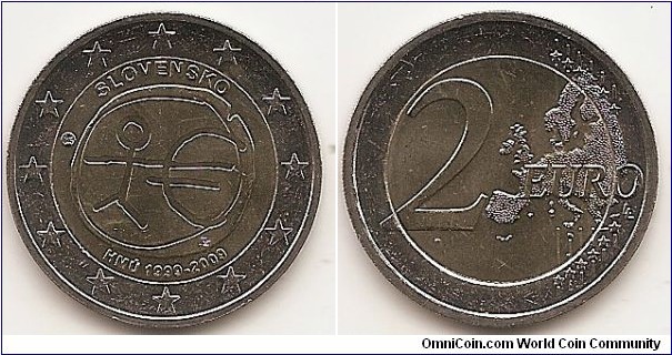 2 Euro
KM#103
8.5000 g., Bi-Metallic Nickel-Brass center in Copper-Nickel ring, 25.75 mm. Subject : Ten years of Economic and Monetary Union(EMU). Obv: The inner part of the coin shows a stylised human figure whose left arm is prolonged by the euro symbol. The initials ΓΣ of the sculptor appear below the euro symbol. The name of the issuing country in the national language appear at the top SLOVENSKO, while the acronym EMU translated into the national language appear at the bottom HMÚ 1999-2009. At the left of the inner ring, the mint mark are shown. The twelve stars of the European Union surround the design on the outer ring of the coin. Rev: 2 on the left-hand side, six straight lines run vertically between the lower and upper right-hand side of the face, 12 stars are superimposed on these lines, one just before the two ends of each line, superimposed on the mid - and upper section of these lines; the European continent ( extended ) is represented on the right-hand side of the face; the right-hand part of the representation is superimposed on the mid-section of the lines; the word ‘EURO’ is superimposed horizontally across the middle of the right-hand side of the face. Under the ‘O’ of EURO, the initials ‘LL’ of the engraver appear near the right-hand edge of the coin. Edge: Reeded with SLOVENSKÁ REPUBLIKA, star - linden leaf - star. Obv. designer: Georgios Stamatopoulos Rev. designer: Luc Luycx