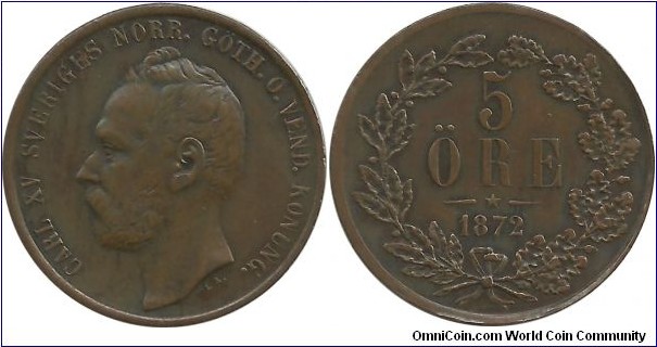 Sweden 5 Öre 1872 (King Oscar I 1844-1859)