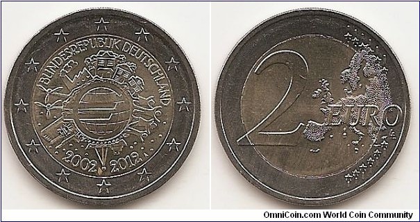 2 Euro
KM#306
8.5000 g., Bi-Metallic Nickel-Brass center in Copper-Nickel ring, 25.75 mm. Subject : Euro Coinage, 10th Anniversary Obv: The inner part of the coin features the world in the form of a euro symbol in the centre, showing how the euro has become a true global player over the last ten years. The surrounding elements symbolise the importance of the euro to ordinary people (represented by a family group and houses), to the financial world (the Eurotower), to trade (a ship), to industry (a factory), and to the energy sector and research and development (two wind turbines). The designer’s initials, “A.H.”, can be found between the ship and the Eurotower. Along the upper and lower edges of the inner part of the coin are, respectively, the country of issue BUNDESREPUBLIK DEUTSCHLAND and the years “2002 – 2012”. The mint mark appear on the right side by date. The twelve stars of the European Union surround the design on the outer ring of the coin. Rev: 2 on the left-hand side, six straight lines run vertically between the lower and upper right-hand side of the face, 12 stars are superimposed on these lines, one just before the two ends of each line, superimposed on the mid - and upper section of these lines; the European continent ( extended ) is represented on the right-hand side of the face; the right-hand part of the representation is superimposed on the mid-section of the lines; the word ‘EURO’ is superimposed horizontally across the middle of the right-hand side of the face. Under the ‘O’ of EURO, the initials ‘LL’ of the engraver appear near the right-hand edge of the coin. Edge: Reeded with EINIGKEIT UND RECHT UND FREIHEIT. Obv. designer: Helmut Andexlinger Rev. designer: Luc Luycx