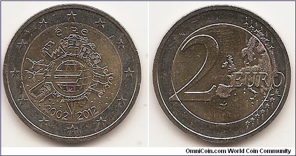 2 Euro
KM#71
8.5000 g., Bi-Metallic Nickel-Brass center in Copper-Nickel ring, 25.75 mm. Subject : Euro Coinage, 10th Anniversary Obv: The inner part of the coin features the world in the form of a euro symbol in the centre, showing how the euro has become a true global player over the last ten years. The surrounding elements symbolise the importance of the euro to ordinary people (represented by a family group and houses), to the financial world (the Eurotower), to trade (a ship), to industry (a factory), and to the energy sector and research and development (two wind turbines). The designer’s initials, “A.H.”, can be found between the ship and the Eurotower. Along the upper and lower edges of the inner part of the coin are, respectively, the country of issue ÉIRE and the years “2002 – 2012”. The twelve stars of the European Union surround the design on the outer ring of the coin. Rev: 2 on the left-hand side, six straight lines run vertically between the lower and upper right-hand side of the face, 12 stars are superimposed on these lines, one just before the two ends of each line, superimposed on the mid - and upper section of these lines; the European continent ( extended ) is represented on the right-hand side of the face; the right-hand part of the representation is superimposed on the mid-section of the lines; the word ‘EURO’ is superimposed horizontally across the middle of the right-hand side of the face. Under the ‘O’ of EURO, the initials ‘LL’ of the engraver appear near the right-hand edge of the coin. Edge: Reeded with 2 * *, repeated six times, alternately upright and inverted. Obv. designer: Helmut Andexlinger Rev. designer: Luc Luycx