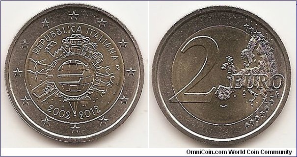 2 Euro
KM#350
8.5000 g., Bi-Metallic Nickel-Brass center in Copper-Nickel ring, 25.75 mm. Subject : Euro Coinage, 10th Anniversary Obv: The inner part of the coin features the world in the form of a euro symbol in the centre, showing how the euro has become a true global player over the last ten years. The surrounding elements symbolise the importance of the euro to ordinary people (represented by a family group and houses), to the financial world (the Eurotower), to trade (a ship), to industry (a factory), and to the energy sector and research and development (two wind turbines). The designer’s initials, “A.H.”, can be found between the ship and the Eurotower. Along the upper and lower edges of the inner part of the coin are, respectively, the country of issue REPUBBLICA ITALIANA and the years “2002 – 2012”. The mint mark „R“ appear on the right side. The twelve stars of the European Union surround the design on the outer ring of the coin. Rev: 2 on the left-hand side, six straight lines run vertically between the lower and upper right-hand side of the face, 12 stars are superimposed on these lines, one just before the two ends of each line, superimposed on the mid - and upper section of these lines; the European continent ( extended ) is represented on the right-hand side of the face; the right-hand part of the representation is superimposed on the mid-section of the lines; the word ‘EURO’ is superimposed horizontally across the middle of the right-hand side of the face. Under the ‘O’ of EURO, the initials ‘LL’ of the engraver appear near the right-hand edge of the coin. Edge: Reeded with 2 *, repeated six times, alternately upright and inverted. Obv. designer: Helmut Andexlinger Rev. designer: Luc Luycx