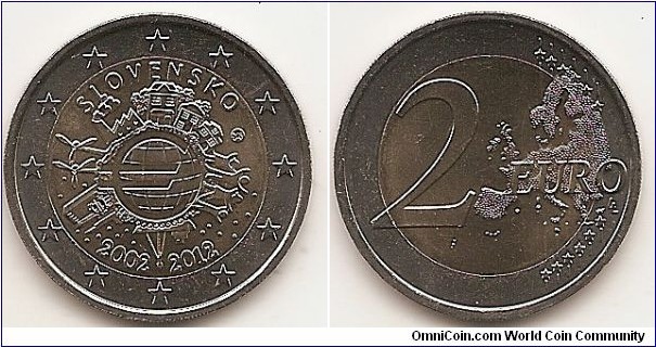 2 Euro
KM#120
8.5000 g., Bi-Metallic Nickel-Brass center in Copper-Nickel ring, 25.75 mm. Subject : Euro Coinage, 10th Anniversary Obv: The inner part of the coin features the world in the form of a euro symbol in the centre, showing how the euro has become a true global player over the last ten years. The surrounding elements symbolise the importance of the euro to ordinary people (represented by a family group and houses), to the financial world (the Eurotower), to trade (a ship), to industry (a factory), and to the energy sector and research and development (two wind turbines). The designer’s initials, “A.H.”, can be found between the ship and the Eurotower. Along the upper and lower edges of the inner part of the coin are, respectively, the country of issue SLOVENSKO and the years “2002 – 2012”. The mint mark appear on the right side by homes. The twelve stars of the European Union surround the design on the outer ring of the coin. Rev: 2 on the left-hand side, six straight lines run vertically between the lower and upper right-hand side of the face, 12 stars are superimposed on these lines, one just before the two ends of each line, superimposed on the mid - and upper section of these lines; the European continent ( extended ) is represented on the right-hand side of the face; the right-hand part of the representation is superimposed on the mid-section of the lines; the word ‘EURO’ is superimposed horizontally across the middle of the right-hand side of the face. Under the ‘O’ of EURO, the initials ‘LL’ of the engraver appear near the right-hand edge of the coin. Edge: Reeded with 2*, repeated six times, alternately upright and inverted. Obv. designer: Helmut Andexlinger Rev. designer: Luc Luycx