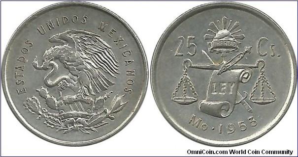 Mexico 25 Centavos 1953 (3.33 g / .300 Ag)