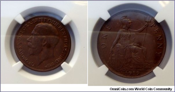 George V 1919KN penny. This coin being in an NGC graded holder and graded as AU58 or a British EF grade. Extremely rare in the higher grades