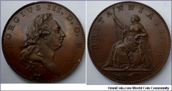 George III Pattern Halfpenny. Dies by Droz and struck by Taylor after Droz