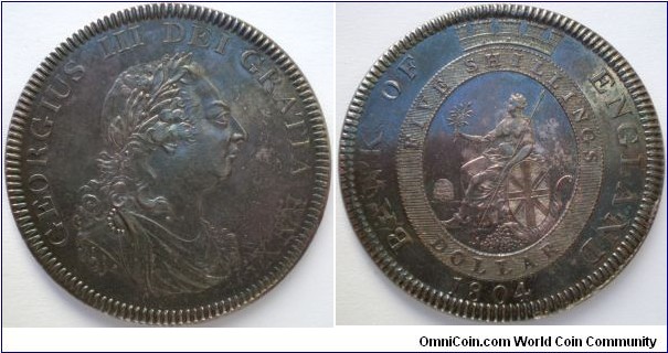 George III 1804 Bank Dollar hosted on a Spanish 8 reales. Undertype is clearly visible. Type B/2. ESC148 Now graded by PCGS as MS63