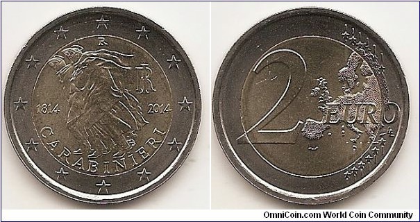 2 Euro
KM#367
8.5000 g., Bi-Metallic Nickel-Brass center in Copper-Nickel ring, 25.75 mm. Subject: 200th Anniversary of the Carabinieri. Obv: The design shows a reinterpretation of the sculpture ‘Pattuglia di Carabinieri nella tormenta’ made in 1973 by Antonio Berti; on the right, superimposed letters of the Italian Republic monogram ‘RI’/2014; on the left, 1814; up, superimposed letters R (monogram of the Mint of Rome); in exergue, LDS (monogram of the Author Luciana De Simoni)/CARABINIERI. The coin’s outer ring bears the 12 stars of the European Union. Rev: 2 on the left-hand side, six straight lines run vertically between the lower and upper right-hand side of the face, 12 stars are superimposed on these lines, one just before the two ends of each line, superimposed on the mid - and upper section of these lines; the European continent ( extended ) is represented on the right-hand side of the face; the right-hand part of the representation is superimposed on the mid-section of the lines; the word ‘EURO’ is superimposed horizontally across the middle of the right-hand side of the face. Under the ‘O’ of EURO, the initials ‘LL’ of the engraver appear near the right-hand edge of the coin. Edge: Reeded with inscription 2 *, repeated six times, alternately upright and inverted. Obv. designer: Luciana De Simoni Rev. designer: Luc Luycx