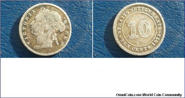 Straits Settlements 10 Cents KM# 11     1871-1901
1871-1901 Straits Settlements 10 Cents obverse

	
	1871-1901 Straits Settlements 10 Cents reverse

*Image(s) not of exact coin - This Photo is for Reference !!
  
Specifications

Composition: Silver

Fineness: 0.8000

Weight: 2.7100g

ASW: 0.0697oz

Diameter: 18mm
Design

Obverse: Crowned head left

Obverse Legend: VICTORIA QUEEN

Reverse: Value within beaded circle

Reverse Legend: STRAITS SETTLEMENTS
Notes

Ruler: Victoria