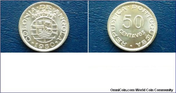 Angola 50 Centavos KM# 72     1948-1950

Specifications

Composition: Nickel-Bronze
Design

Obverse: Value

Reverse: Five crowns above arms, date below
Notes

Subject: 300th Anniversary - Revolution of 1648

