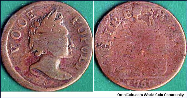 Ireland 1760 1/2 Penny.

'Voce Populi' = 'Voice of the People'.

Very scarce in any grade!