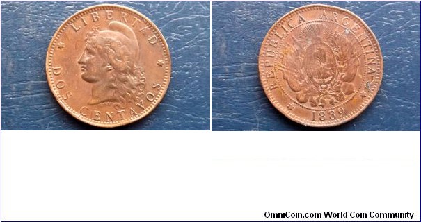 Argentina 2 Centavos KM# 33     1882-1896
Specifications

Composition: Bronze

Weight: 9.9100g

Diameter: 30mm
Design

Obverse: Flagged arms within wreath, 1/2 radiant sun above

Reverse: Capped liberty head left
Notes

Note:  Prev. KM#8. 