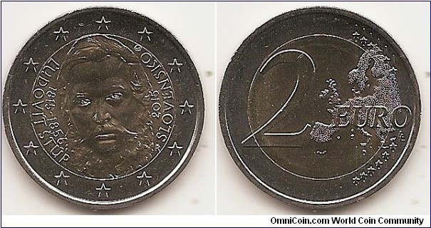 2 Euro
KM#NEW
8.5000 g., Bi-Metallic Nickel-Brass center in Copper-Nickel ring, 25.75 mm. Subject: 	200th Years since the Birth of Ľudovít Štúr. Obv: The design depicts a portrait of Ľudovít Štúr. Inscribed to the right of the portrait, parallel to the edge of the inner part of the coin, are the year of issuance ‘2015’ and, further right along the edge, the name of issuing country ‘SLOVENSKO’. Inscribed to the left of the portrait, parallel to the inner edge, are the dates of Štúr’s birth and death ‘1815–1856’ and, further left along the edge, the name ‘ĽUDOVÍT ŠTÚR’. In the upper right part of the design is the mint mark of the Kremnica Mint (Mincovňa Kremnica), consisting of the initials ‘MK’ placed between two dies. In the lower right part are the stylised letters ‘IŘ’, the initials of the designer, Ivan Řehák. The coin’s outer ring bears the 12 stars of the European Union. Rev: 2 on the left-hand side, six straight lines run vertically between the lower and upper right-hand side of the face, 12 stars are superimposed on these lines, one just before the two ends of each line, superimposed on the mid - and upper section of these lines; the European continent ( extended ) is represented on the right-hand side of the face; the right-hand part of the representation is superimposed on the mid-section of the lines; the word ‘EURO’ is superimposed horizontally across the middle of the right-hand side of the face. Under the ‘O’ of EURO, the initials ‘LL’ of the engraver appear near the right-hand edge of the coin. Edge: Reeded with inscription SLOVENSKÁ REPUBLIKA, star - linden leaf - star. Obv. designer: Ivan Řehák Rev. designer: Luc Luycx