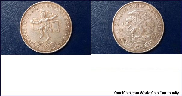 Sold !! .720 Silver 1968 Mexico Silver 25 Pesos Olympics Very Nice Toned Coin# 404