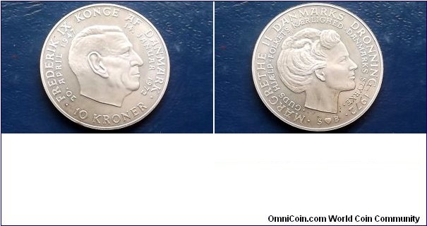 Scarce .800 Silver 1972 Denmark 10 Kroner Death of Frederik IX Nice BU # RSB 32