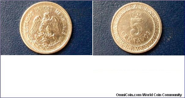 1907 Mexico 5 Centavos Eagle & Snake Nice Circ KM#421 High Grade Coin# 640