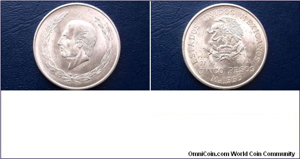 .720 Silver 1953 Mexico 5 Pesos Hidalgo Large 40mm Nice High Grade Luster