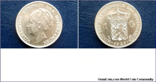 Sold !!  .720 Silver 1929 Netherlands 1 Gulden Coin - Larger Size 28mm Coin - Very Nice BU Coin Go Here:

http://stores.ebay.com/Mt-Hood-Coins