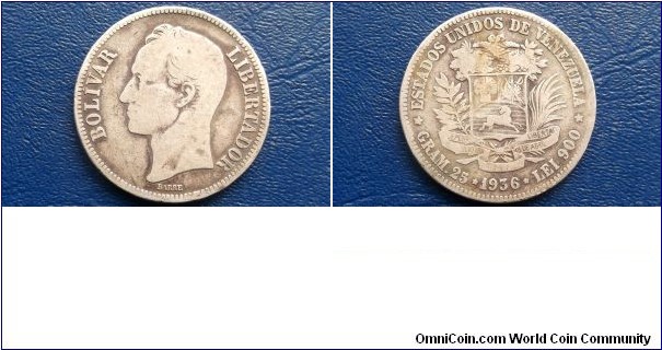 Sold !! 900 Silver 1936 Venezuela 25 Gram 5 Bolivares .7234 Oz Big 37mm Nice Toned Go Here:

http://stores.ebay.com/Mt-Hood-Coins