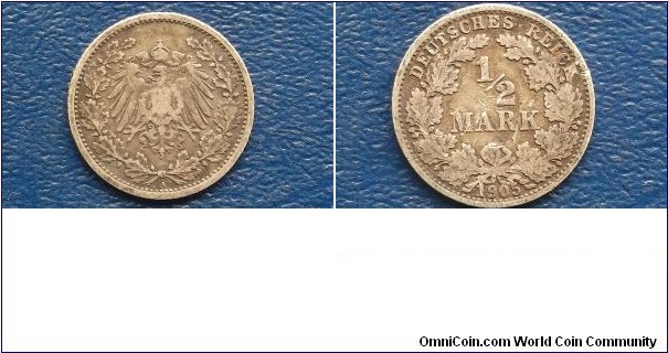 Sold !! .900 Silver 1905-A Germany - Empire 1/2 Mark KM# 17 Nice Toned Circ Coin Go Here:

http://stores.ebay.com/Mt-Hood-Coins