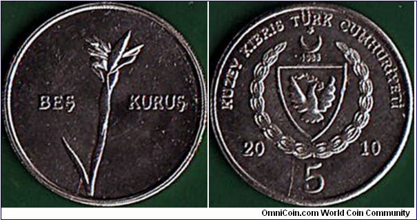 'Turkish Republic of Northern Cyprus' 2010 5 Kurus.

Misaligned dies error.