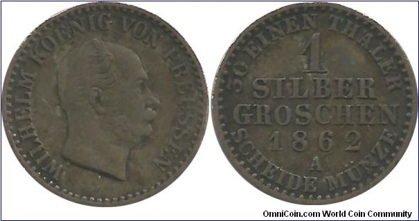 DeutschesReich-Prussia 1 SilberGroschen 1862A (2.19 g / .222 Ag)