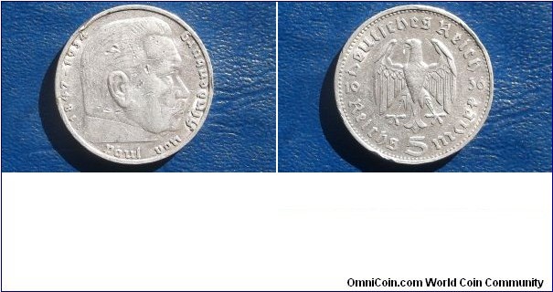 Sold !! 1936 F Germany 5 Mark Silver Coin WWII Nazi Hindenburg Issue Dings 
Go Here:

http://stores.ebay.com/Mt-Hood-Coins