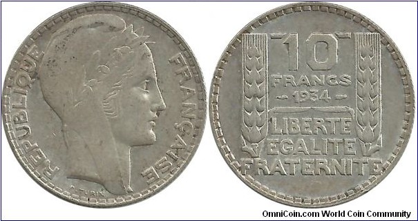 France 10 Francs 1934 (10.00 g / .680 Ag)