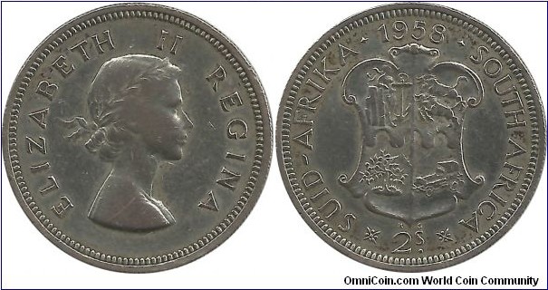 SouthAfrica-British 2 Shillings 1958 (11.31 g / .500 Ag)