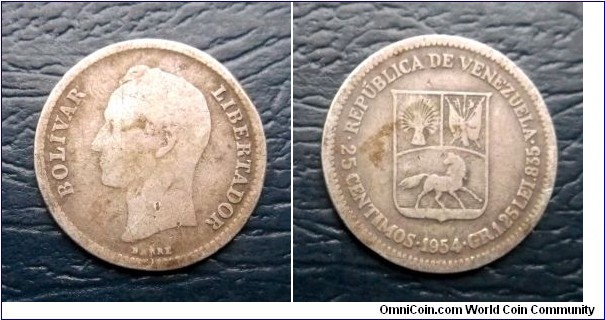 Silver 1954 Venezuela 25 Centimos 1/4 Bolivar Y#35 Nice Toned Coin Go Here:

http://stores.ebay.com/Mt-Hood-Coins
