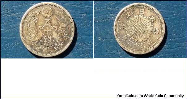 Silver 1922-1926 Japan 50 Sen Y# 46 Popular Phoenix Type Nice Toned Go Here:

http://stores.ebay.com/Mt-Hood-Coins