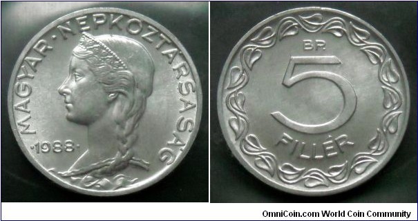 Hungary 5 filler from 1988 annual coin set.
Mintage: 30.010 pieces.